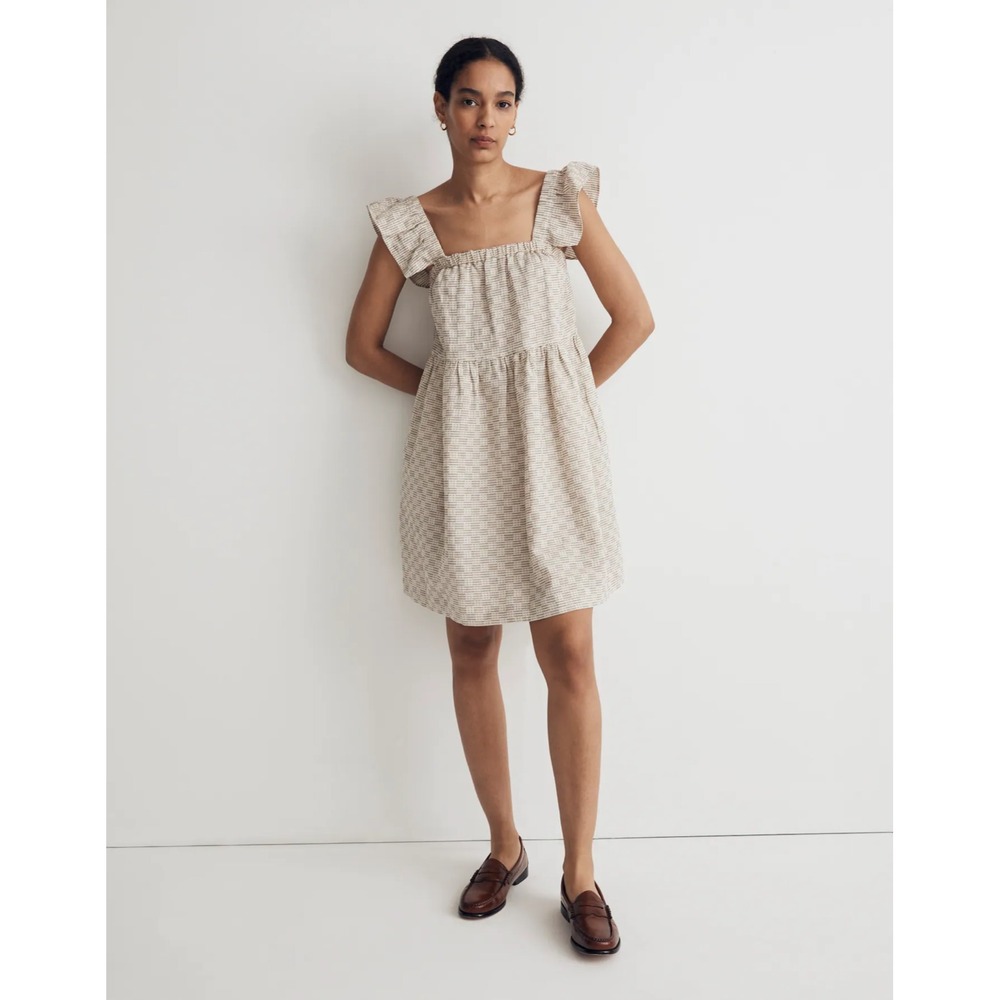 Madewell Marnay Flutter Sleeve Square Neck Mini Dress Striped Jacquard Pockets
